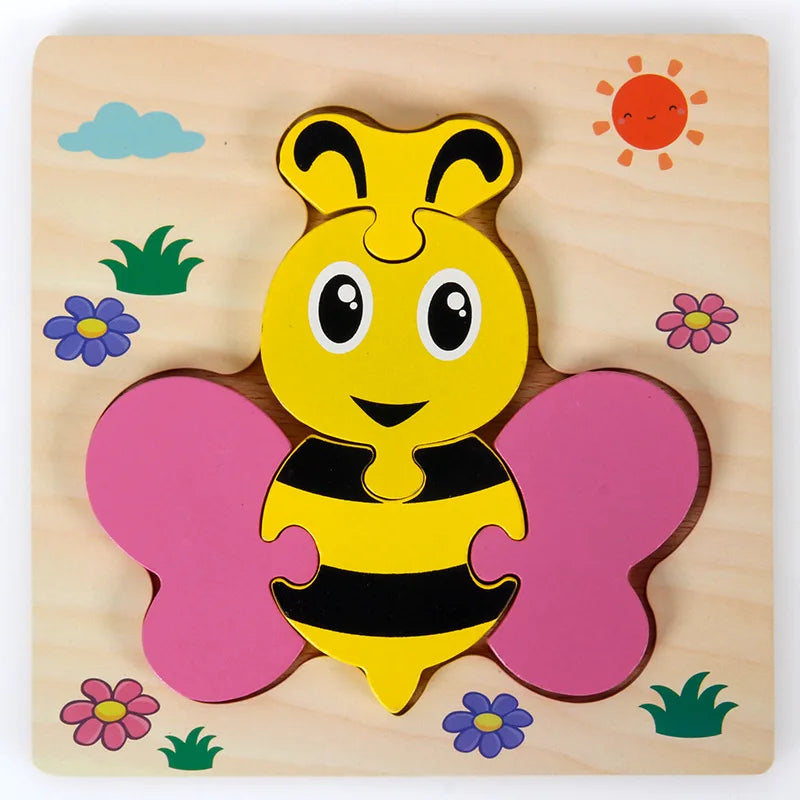 Wooden Montessori Puzzle, 3D Cartoon Animals