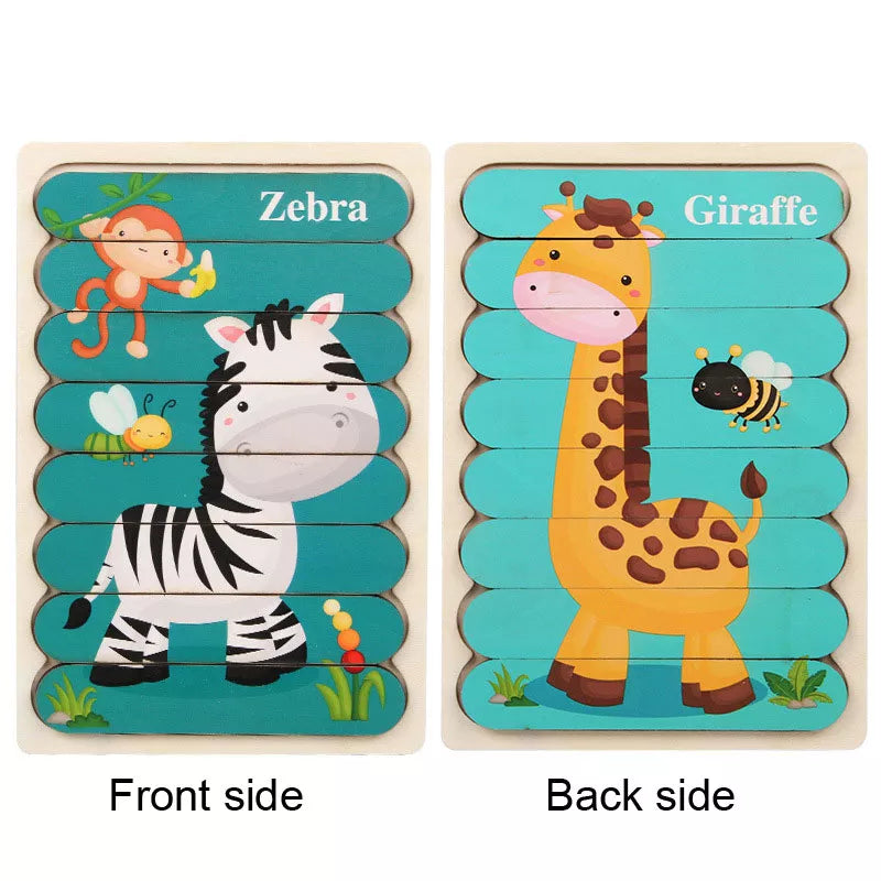 Wooden Montessori Puzzle, 3D Cartoon Animals