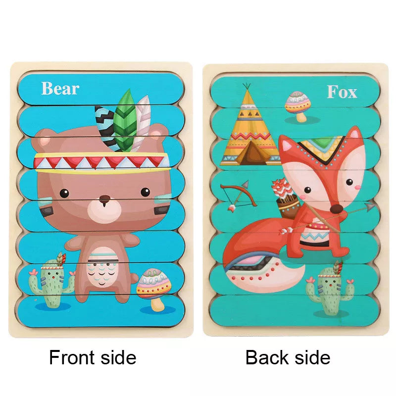 Wooden Montessori Puzzle, 3D Cartoon Animals