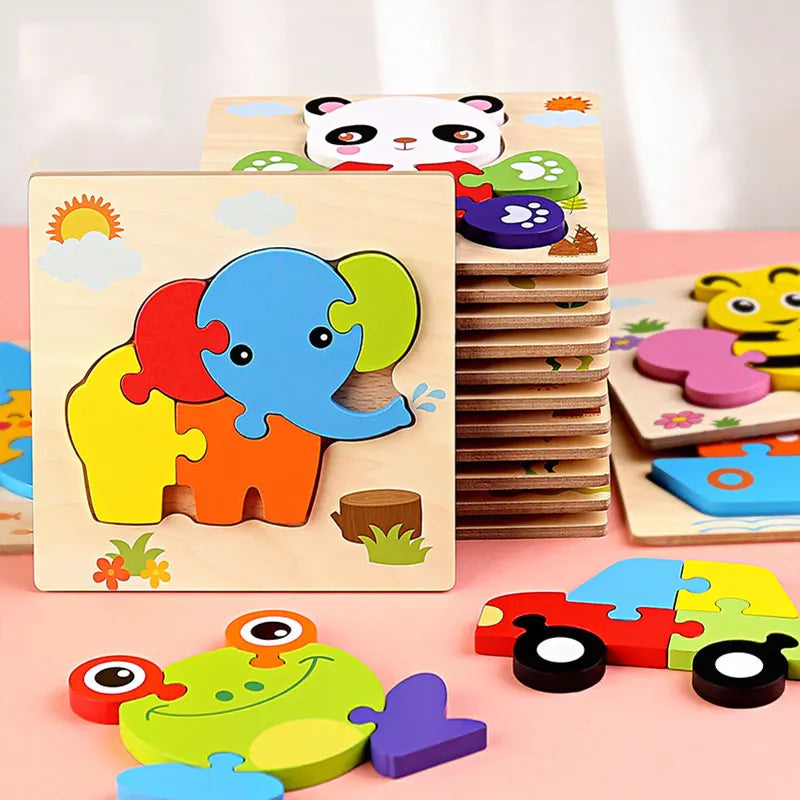 Wooden Montessori Puzzle, 3D Cartoon Animals