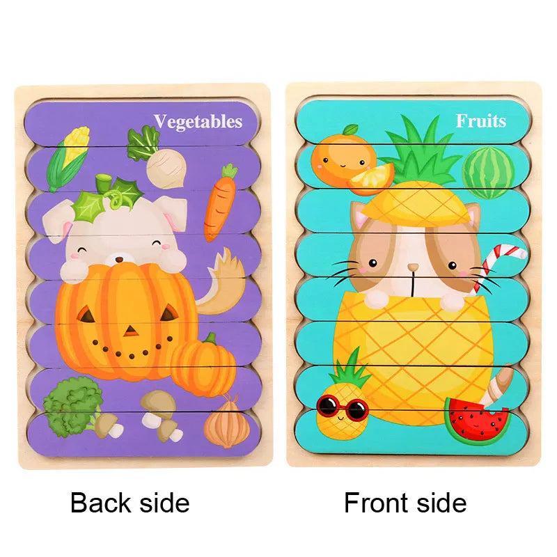 Wooden Montessori Puzzle, 3D Cartoon Animals