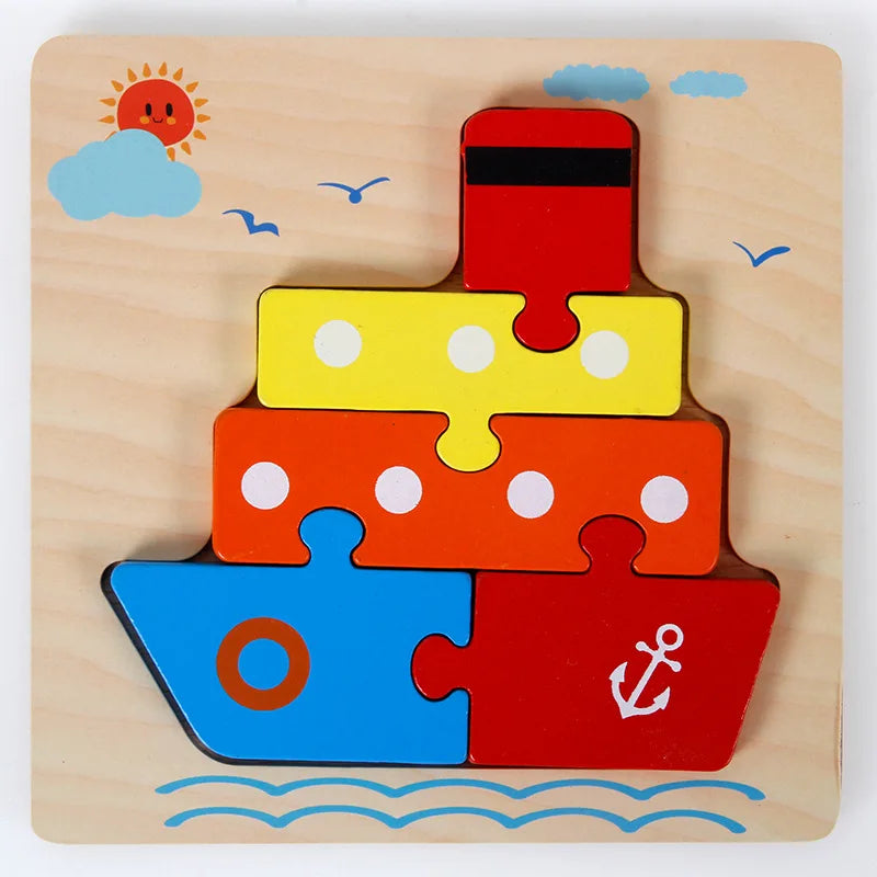 Wooden Montessori Puzzle, 3D Cartoon Animals