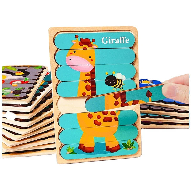 Wooden Montessori Puzzle, 3D Cartoon Animals