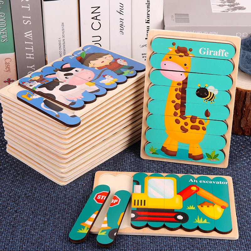 Wooden Montessori Puzzle, 3D Cartoon Animals