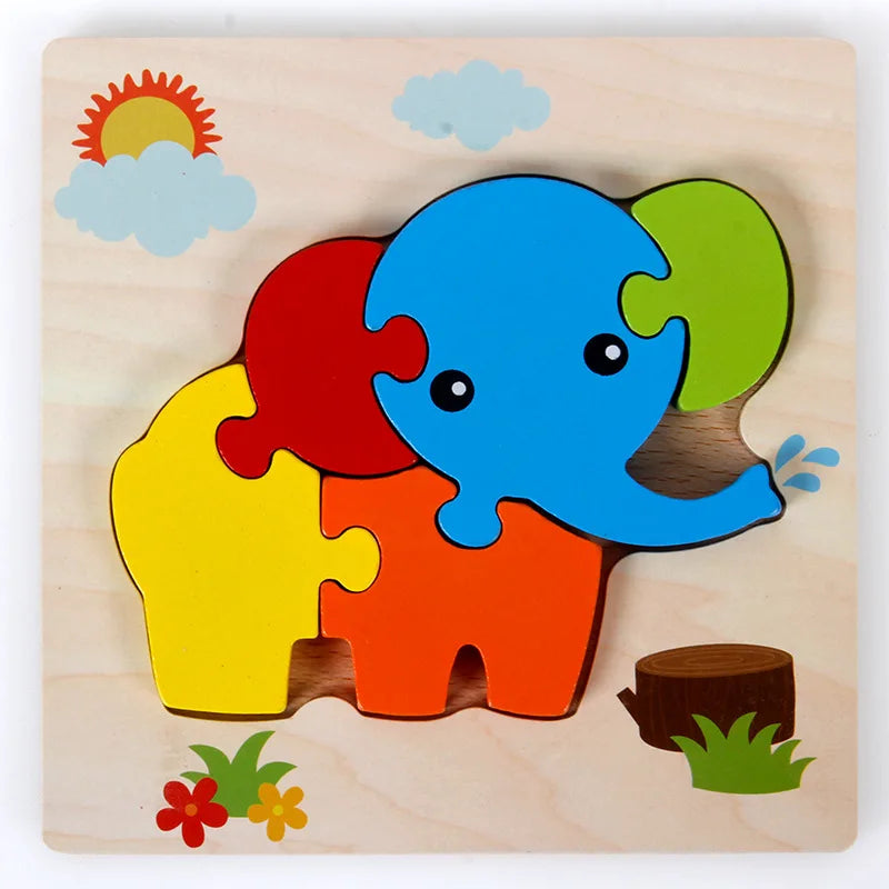 Wooden Montessori Puzzle, 3D Cartoon Animals