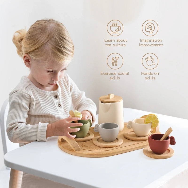 Wooden Children Montessori Toy Teapot Teacup Simulation Kitchen Utensil