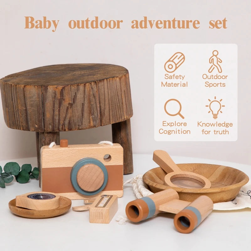 5pc/Set Wooden Children Magnificat Set Toy Wooden Pretend Binocular Camera Pendant Montessori Outdoor Activity Toy DIY Present