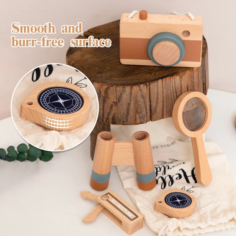 5pc/Set Wooden Children Magnificat Set Toy Wooden Pretend Binocular Camera Pendant Montessori Outdoor Activity Toy DIY Present