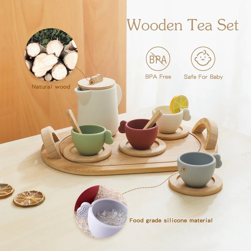 Wooden Children Montessori Toy Teapot Teacup Simulation Kitchen Utensil