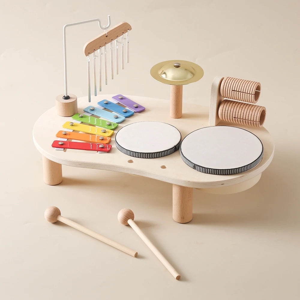 Bells, Rattle,  Drum kit Music with Wooden Table, Montessori Educational Musical Instruments