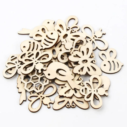 20pcs Mix Natural Wood Chips Bird Butterfly Flowers