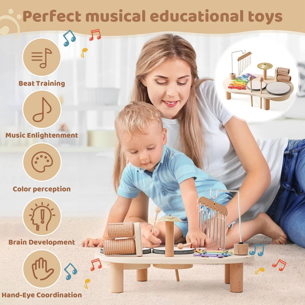 Bells, Rattle,  Drum kit Music with Wooden Table, Montessori Educational Musical Instruments