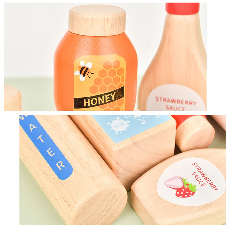 Pretend Play Wooden Drink and  Food Set, Montessori Educational Kitchen