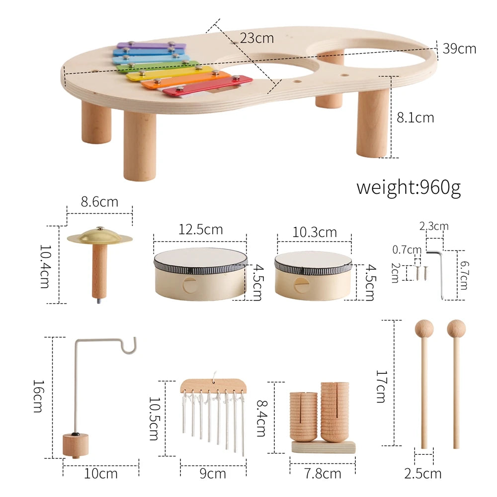 Bells, Rattle,  Drum kit Music with Wooden Table, Montessori Educational Musical Instruments