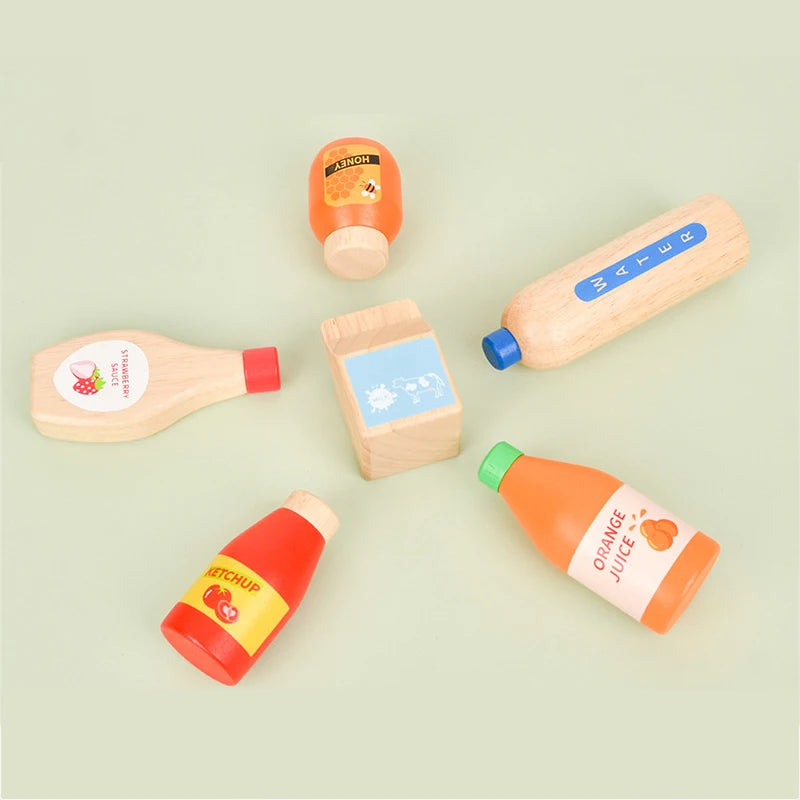 Pretend Play Wooden Drink and  Food Set, Montessori Educational Kitchen